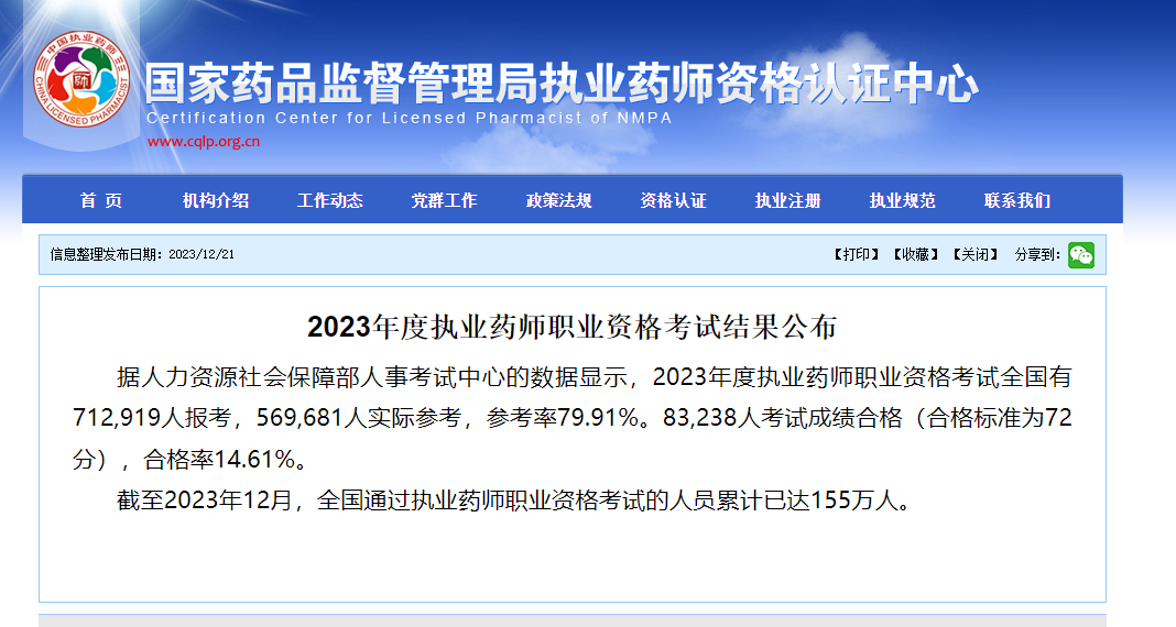 2023年全国执业药师合格率14.61%，近5年最低！