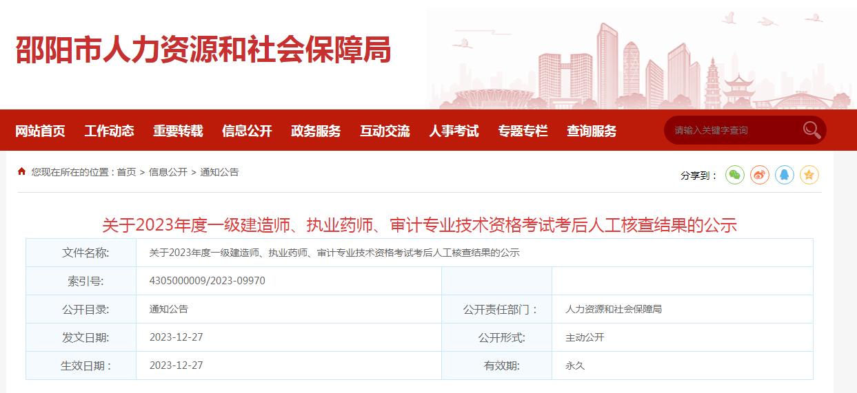 湖南邵阳市人社局发布：关于2023年执业药师考后人工核查结果的公示