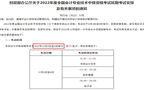 2022年延考地区中级会计职称考试时间将于12月3日至4日开考