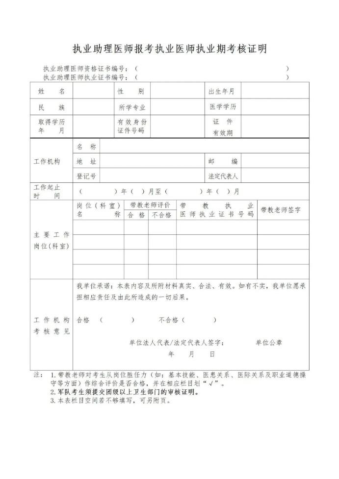 执业助理医师报考执业医师执业期考核证明