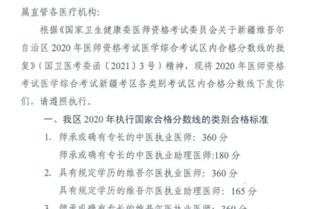 新疆考区2020年医师资格考试分数线公布！