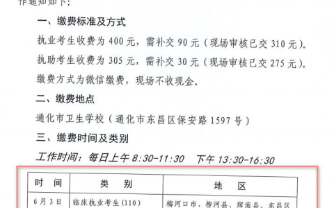 吉林通化考点关于医师资格考试缴费有关工作的通知