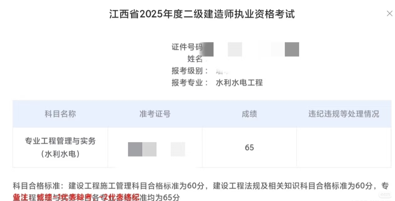 2025年江西二级建造师分数线公布！管理60分、法规60分、实务65分