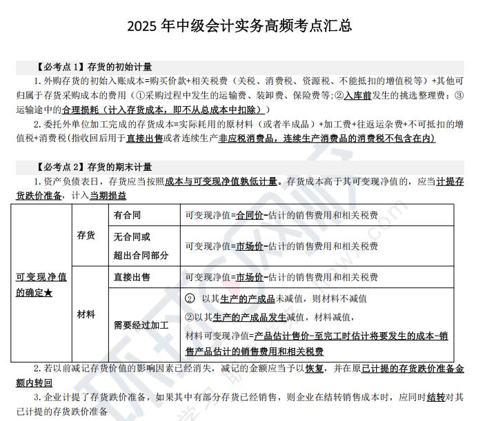 2025中级会计实务高频考点